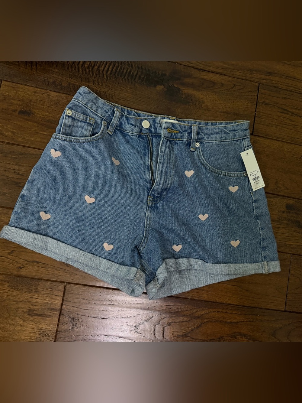 Francesca's Collections Blue Denim Shorts with Pink Heart Print